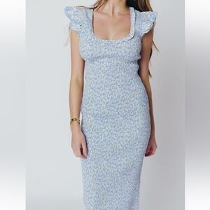 🦋Sarah Smocked Midi Dress with Ruffled Eyelet Trim in light blue